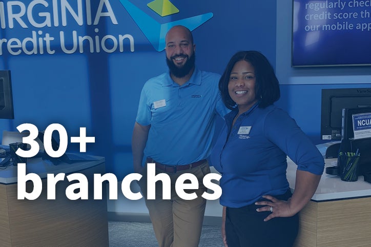 Virginia Credit Union employees smiling in a branch with text "30+ branches" overlaid