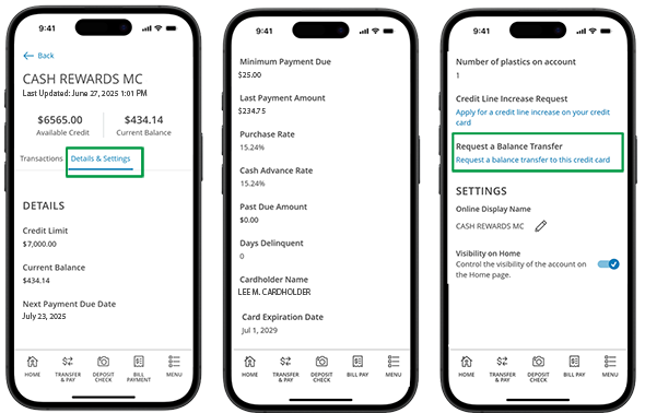 Mobile screens displaying how to locate balance transfer in online banking