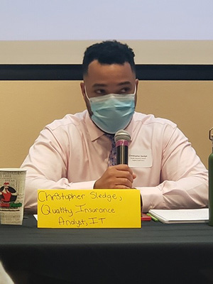 VACU Quality Assurance Analyst Christopher Sledge was one of a panel of four African American professionals who spoke to the Developing Men of Color group at VCU on Oct. 20.