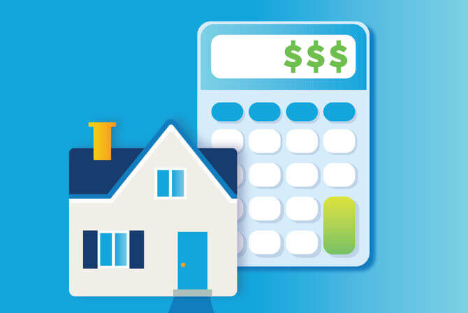Illustration of a house next to a calculator, representing mortgage calculation or home financing planning.
