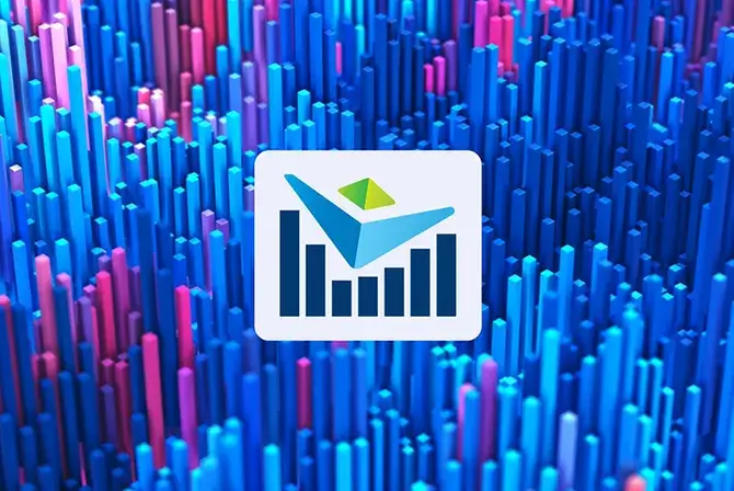 VACU logo with a rising bar chart underneath, set against a 3D background of vertical, multicolored bars.