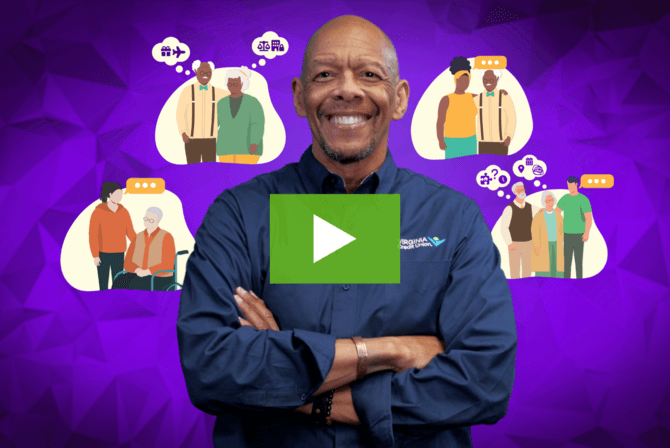 Graphic purple graphic with financial educator Chris Woodbury in the foregorund