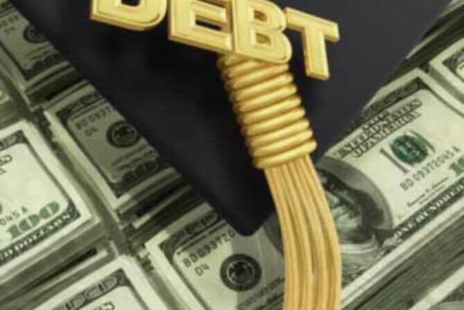A graduation cap with the word "Debt" hanging from the tassel.