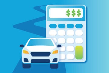 Illustration of a car beside a calculator, symbolizing auto financing or car loan calculations.