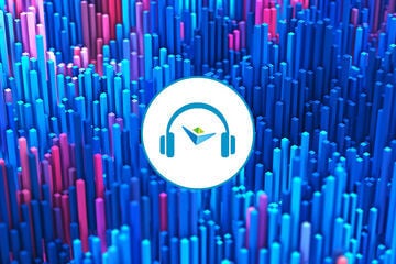VACU logo with a headphone graphic, set against a 3D background of vertical, multicolored bars.
