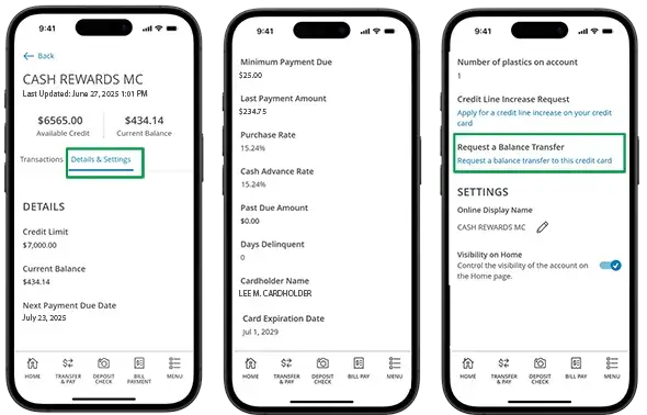 Mobile screens displaying how to locate balance transfer in online banking