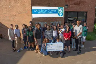 AJC Summer Jobs students celebrate the $15,000 Youth Advancement Grant from Virginia Credit Union to support summer work opportunities for Anna Julia Cooper Episcopal School graduates.