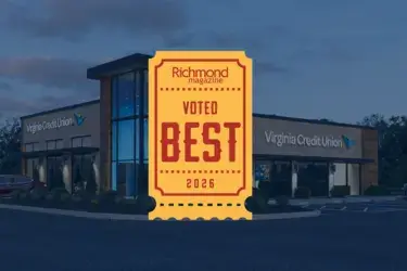 Virginia Credit Union branch in the background, with blue overlay with "Richmond magazine voted best 2026" token in foreground